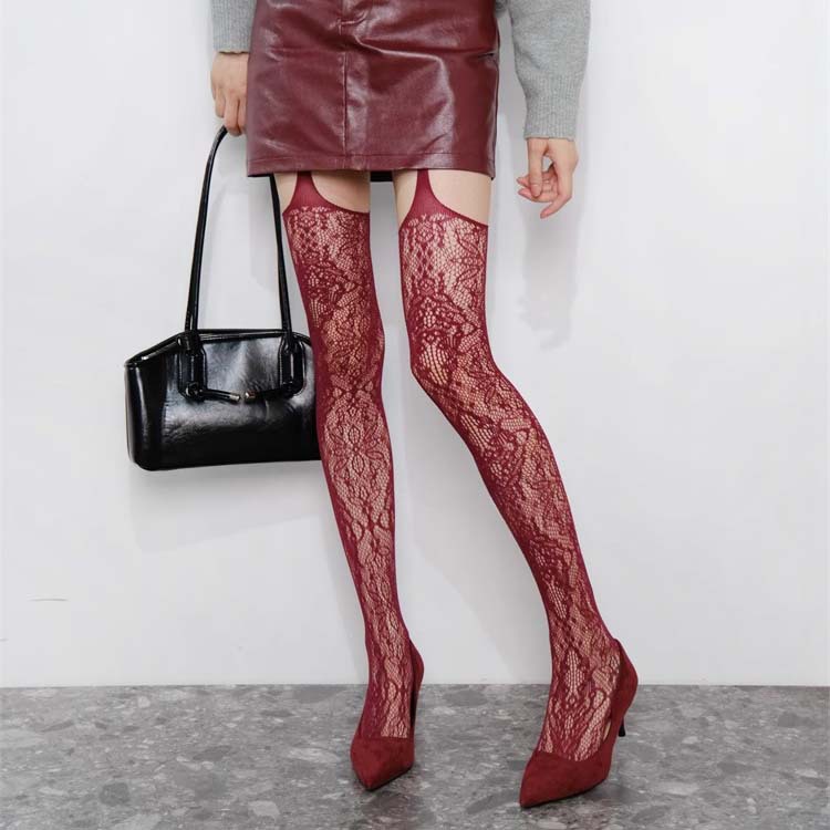 Retro Purple Jacquard Suspender Stockings Sexy Pure Desire Female Y2K Shibuya Hot Girl Subculture Punk Hand-Torn Stockings