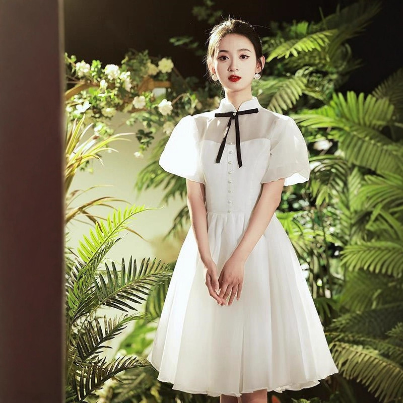 White Short-Sleeved Simple Fairy Evening Dress Birthday Party Graduation Party Can Usually Wear Short Elegant Dress for Women