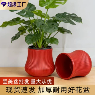 可定制塑料花盆新年吉利红盆仿陶瓷花钵客厅桌面室内白色盆景绿植