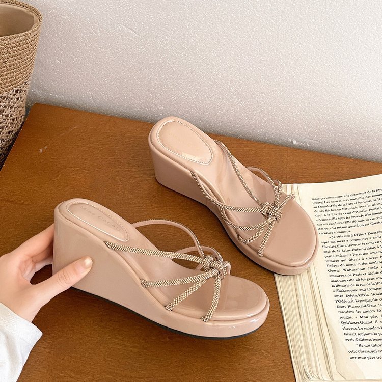 Temperamento francés de diamante de cinturón delgado de pendiente de zapatillas de taco para mujeres de verano 06 nuevo estilo universal hermoso antideslizante zapatillas image 6