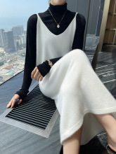 山羊绒叠穿中长款连衣裙女秋冬新款V领细吊带针织裙过膝羊毛长裙