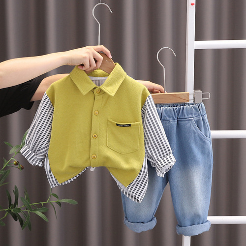 Five Little Seven Autumn Boys' Casual Set  New Arrival Korean Style Children's Autumn Clothing Two-Piece Set with Long-Sleeve Shirt and Long Pants