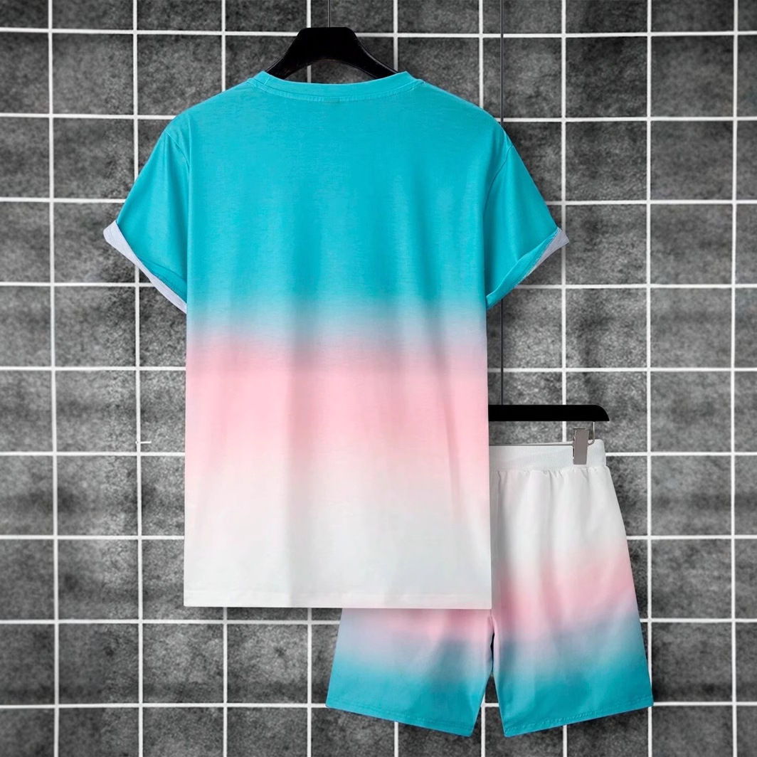 Lema de letras de color degradado estampado 3D traje de hombre camiseta traje deportivo de hombre cuello redondo pantalones cortos con cordón de manga corta