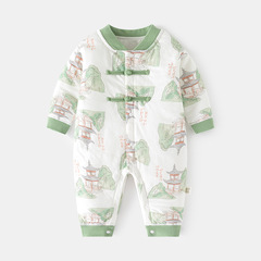 嬰兒夾棉連體衣寶寶保暖秋冬漢服哈衣薄棉唐裝對門爬服兒童連身衣