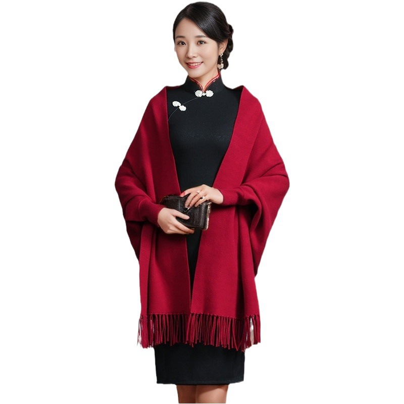 Chinoiserie Pure Color Shawl for Mother-In-Law and Mother-In-Law with Cheongsam and Cloak, Wedding Banquet Dress with Sleeves, Autumn and Winter Outer Cloak
