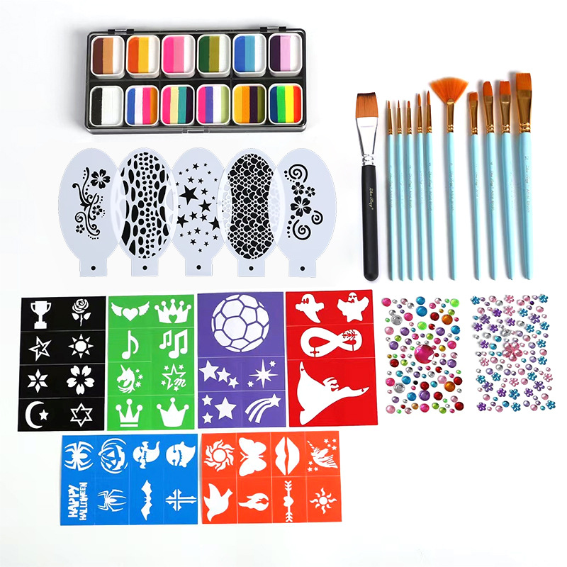 3012F-12 레인보우 페인팅 + 매트 블루 부채꼴 펜 10 개 + 컬러 템플릿 6 개 + 흰색 템플릿 5 개 + 와이드 헤드 브러시 1 개 + 다이아몬드 스티커 2 개