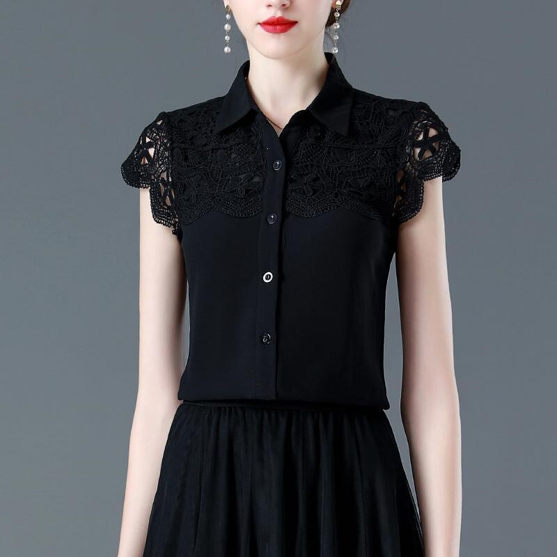 Black Chiffon Shirt for Women 2026 New Style Short-Sleeved Top That Covers the Belly and Looks Slimming, Flying Sleeves Lace Shirt, Elegant Shirt