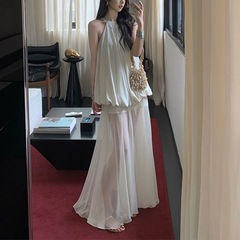 韩系新款挂脖无袖花苞上衣时尚套装女装夏季高腰纯色半身裙两件套