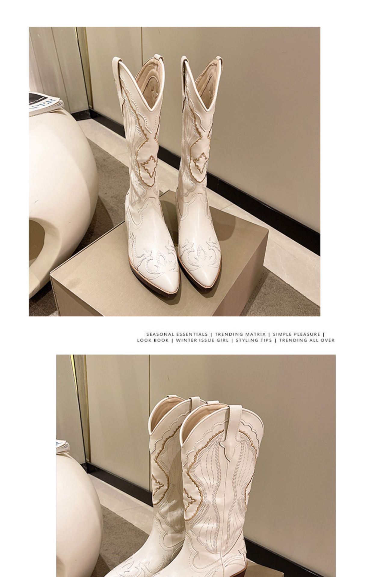 Women's Western Cowboy Boots Vintage Embroidery Pointed Toe Chunky Heel Mid-Calf Riding Boots Light Luxury Fashion Mid Tube Knight Boots_voghion.com
