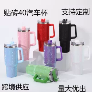现货不锈钢40oz汽车杯贴钻镶钻保温杯带手柄吸管大容量车载冰霸杯