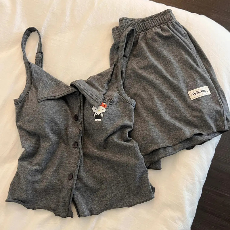 Gray Cartoon Hellokitty Cat Sling Breast Pad Sweet Pajamas Women's Summer Casual Home Wear Summer Suit