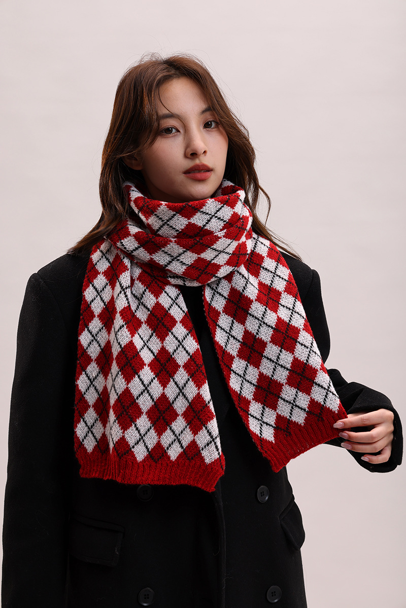 Sciarpa lavorata a maglia autunno inverno nuova con griglia a rombi, collo spesso e caldo, versatile per coppie, morbida_voghion.com