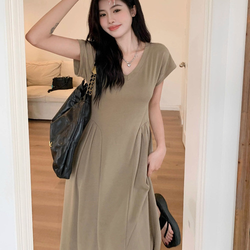 Dress Women Solid Color Simple V-Neck Slimming Elegant Long-Sleeve Slimming Versatile Long Dress Loose Plus Size