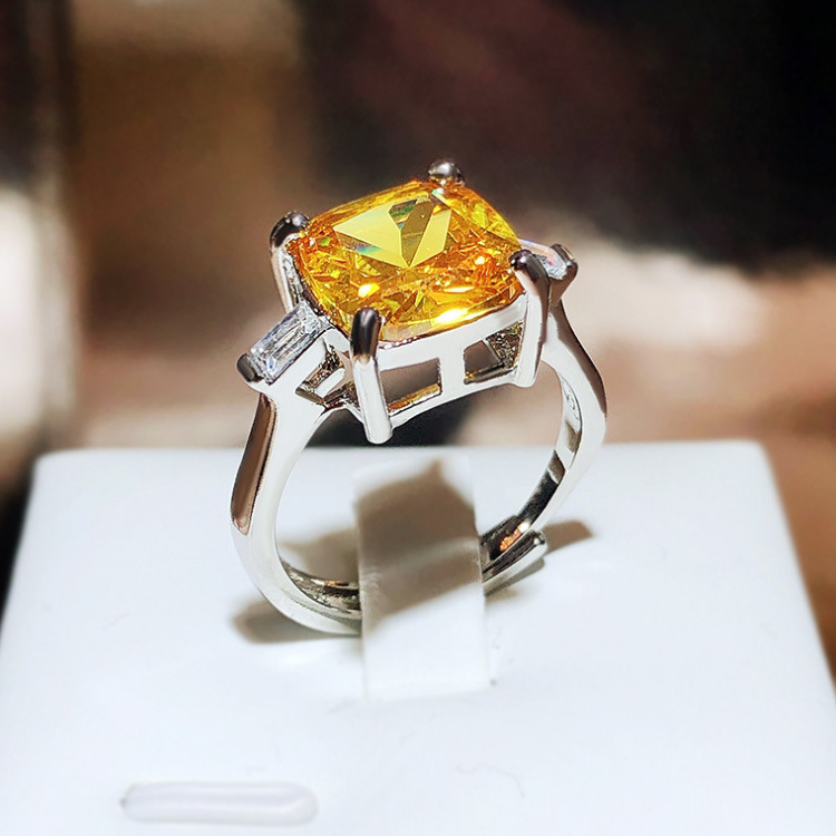 ins Style Super Flash Asche Yellow Diamond Opening Ring European and American Luxury Simulation Zircon Princess Square Diamond Engagement Ring for Women