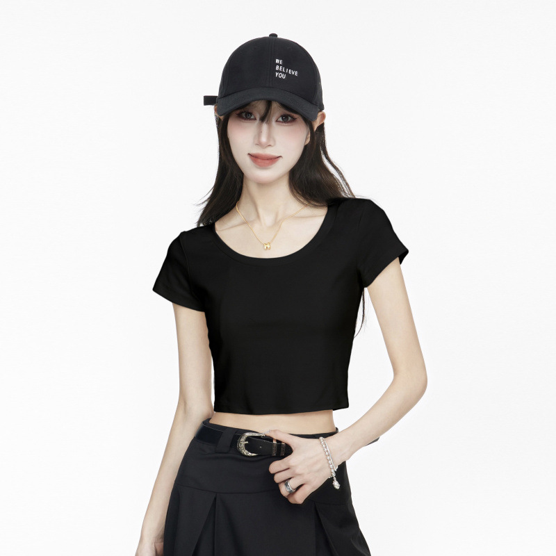 Black Right Shoulder Short-Sleeved T-Shirt for Women Hot Girl Style 2025 Summer New Style Waist Slimming Look Versatile Simple Short Top Black Right Shoulder Short-Sleeved T-Shirt for Women Hot Girl Style 2025 Summer New Style Waist Slimming Look Versatile Simple Short Top