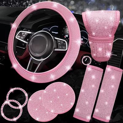 8-Piece Car Diamond-Encrusted Decorative Set: Steering Wheel Cover, Ignition Ring, Seat Belt Shoulder Pads, Cup Mat, Gear Shift Cover (Steering wheel cover) - all-powder-38cm