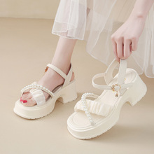 高跟凉鞋女2025新款夏季珍珠配饰百搭小香风配裙子厚底罗马凉鞋女