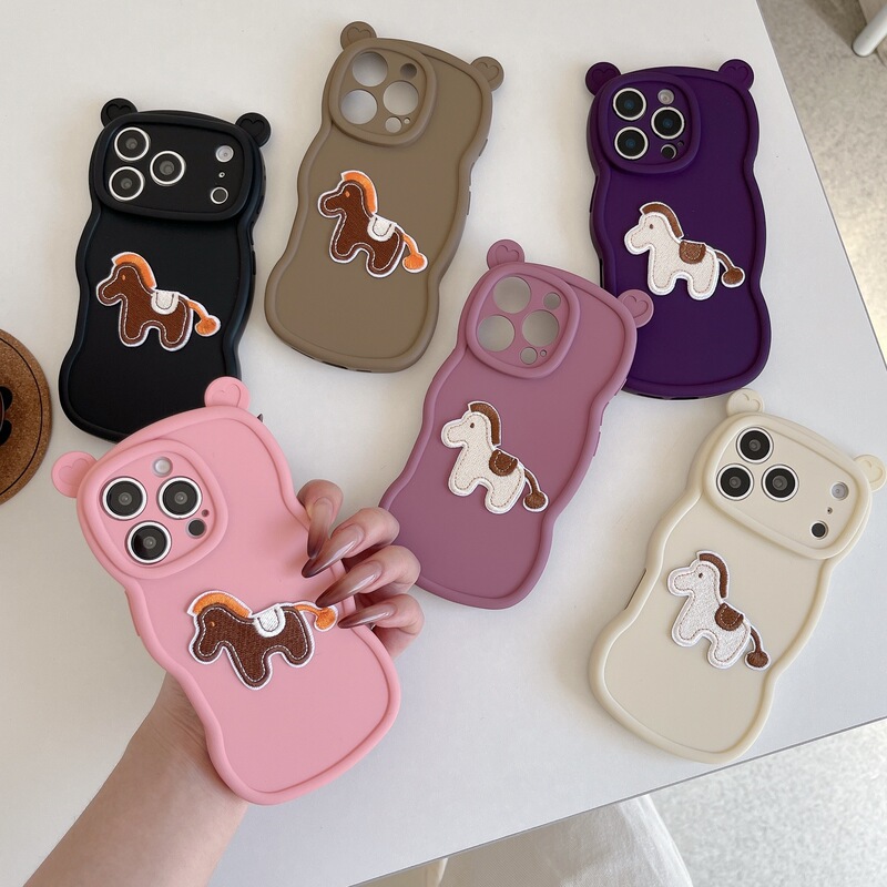 Wave Pattern Stereo Cat Ear Embroider Pony Suitable for Apple 17Pm Mobile Phone Case 16P Skin-Feel XS Cute Protective Cover