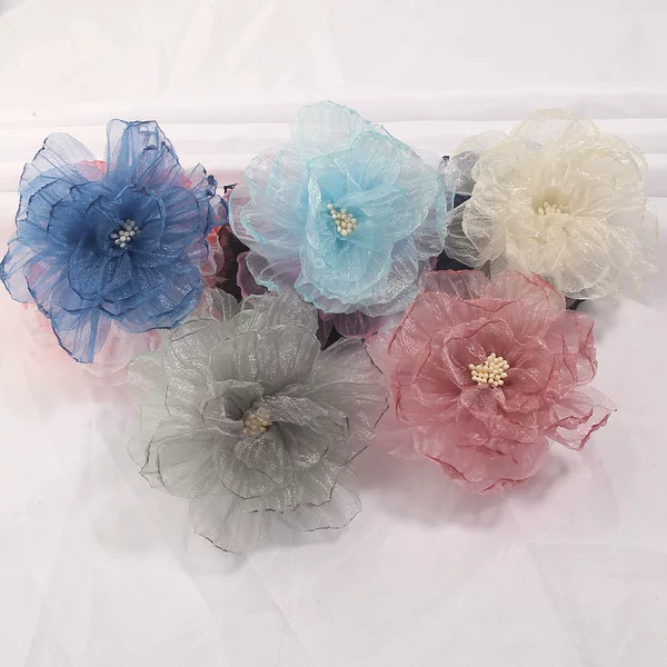 Korean-style organza flower embellishments, burnt-edge fabric flowers, handmade DIY three-dimensional flower hair accessories, clothing accessories
