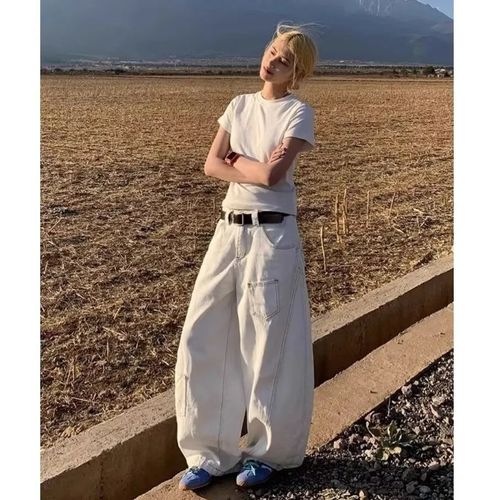 American High Street White Design Sensory Bending Knife Jeans Spring and Autumn New Loose Slimming High-Waisted Wide Leg Floor-Length Pants Trendy