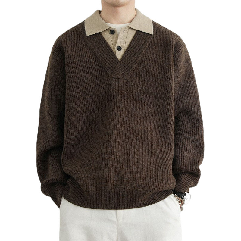 Explosiones transfronterizas de tamaño europeo tamaño grande polo solapa falsa dos piezas camisetas de punto suéter hombre viejo viento otoño invierno fábrica al por mayor