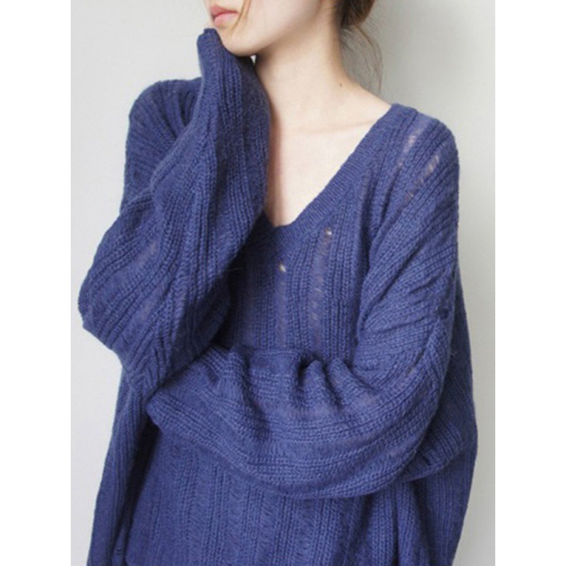 春秋季新款慵懒风马海毛毛衣女中长款宽松显瘦薄款镂空针织衫上衣