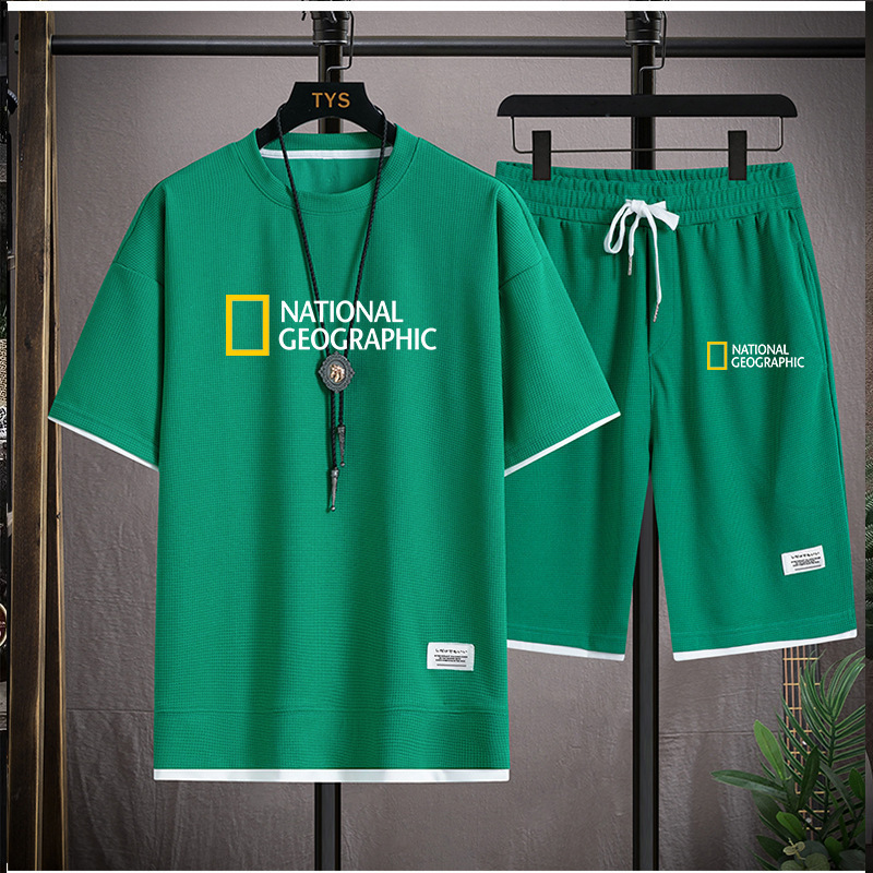 Dwuczęściowy zestaw męski T-shirt sportowy Waffle Short z krótkim rękawem i luźnym, krótkim rękawem, na lato_voghion.com