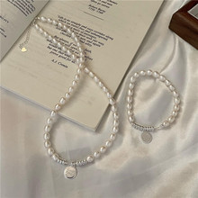 S925纯银淡水珍珠款复古手工好运牌项链手链套装时髦简约锁骨链