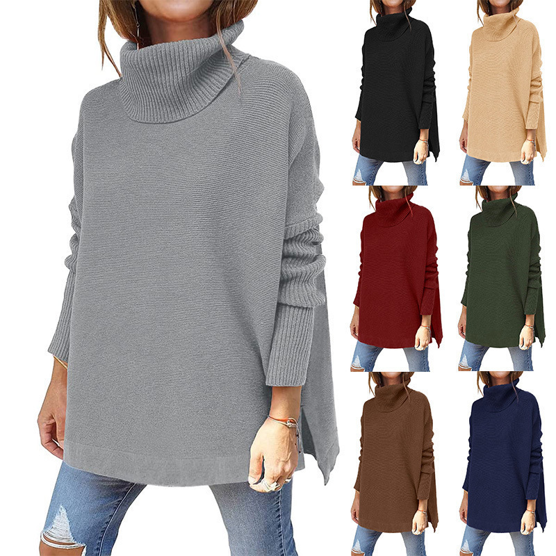 2023 Amazon Women's Turtleneck Oversized Sweater Mid-Length Batwing Sleeve Split Hem Waist Pullover Sweater