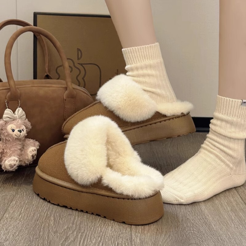 Furry Slippers for Women's Outer Wear 2024 Winter New Fur Integrated Snow Boots Thick-Soled Fleece-Lined Toe Cotton Slippers