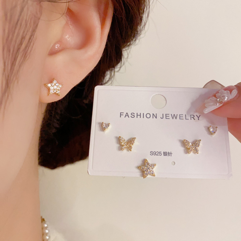 14K Real Gold Plated Plating Material 1 Set Simple Style Star Butterfly Copper Zircon Vacuum Plating 14K Real Gold Plated Women's Ear Studs