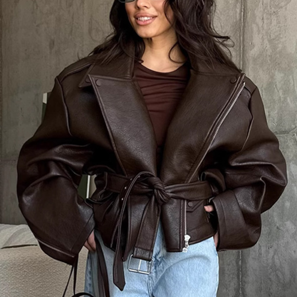European and American Cross-border 2025 Spring and Summer Women's Jacket Elegant Retro Belt American Leather Motorcycle Jacket European and American Cross-border 2025 Spring and Summer Women's Jacket Elegant Retro Belt American Leather Motorcycle Jacket