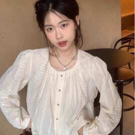 法式刺绣蕾丝衬衫女秋季2024新款圆领泡泡袖简约宽松百搭长袖衬衣