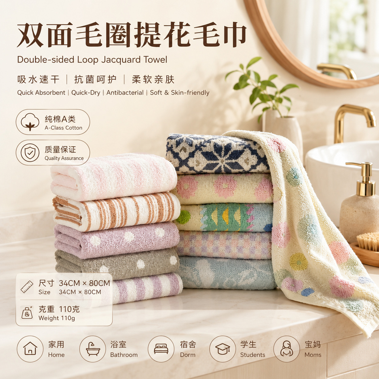 Double-sided cotton antibacterial towel