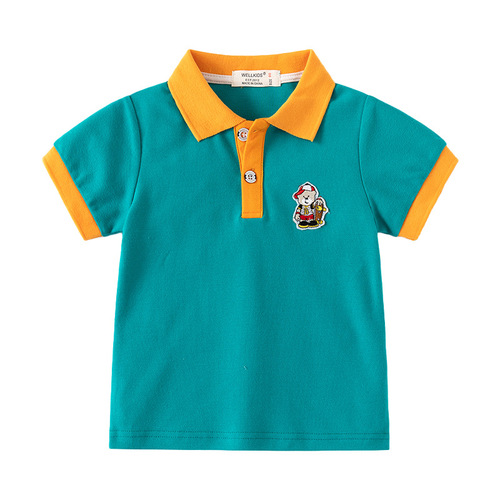 Children's Short Sleeve T-shirt 2024 Summer Korean Style Kids' Clothing Boy's Color-blocked Sleeve Short Sleeve POLO Shirt Baby Cartoon Top