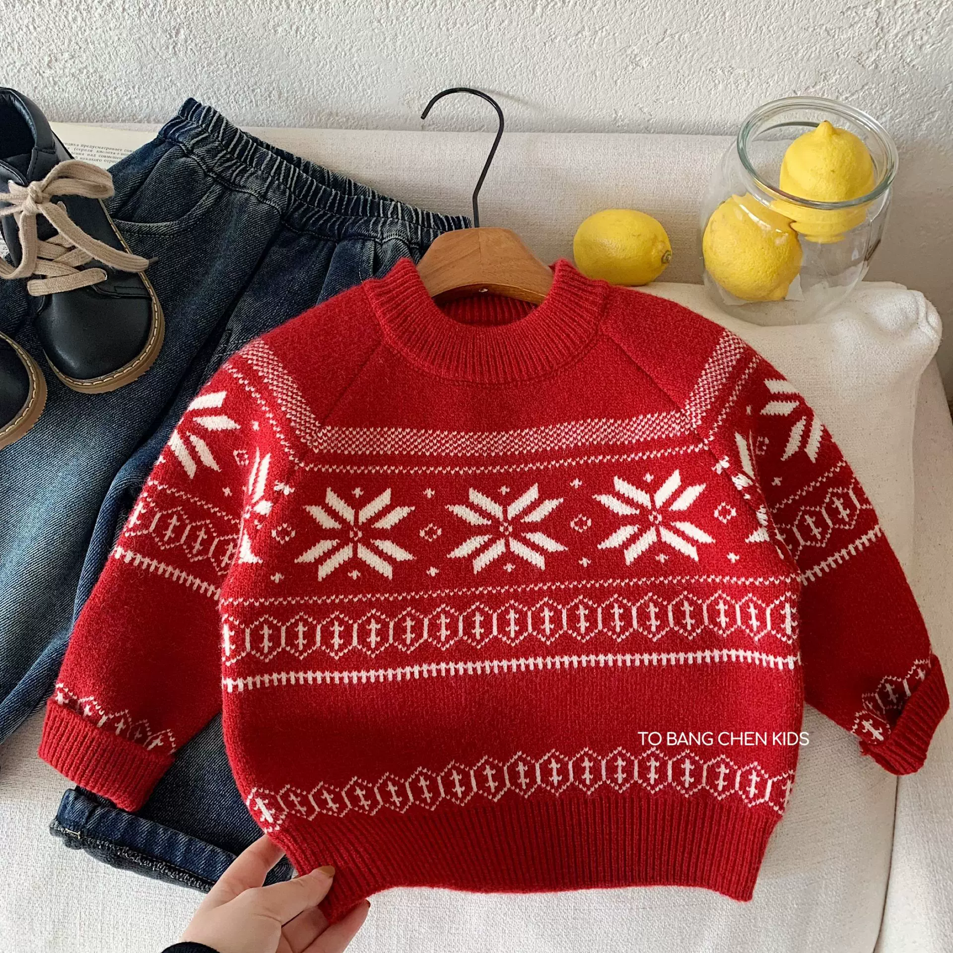 邦诚男童针织衫2025冬季新款儿童雪花红色圆领毛衣男孩新年衣服潮