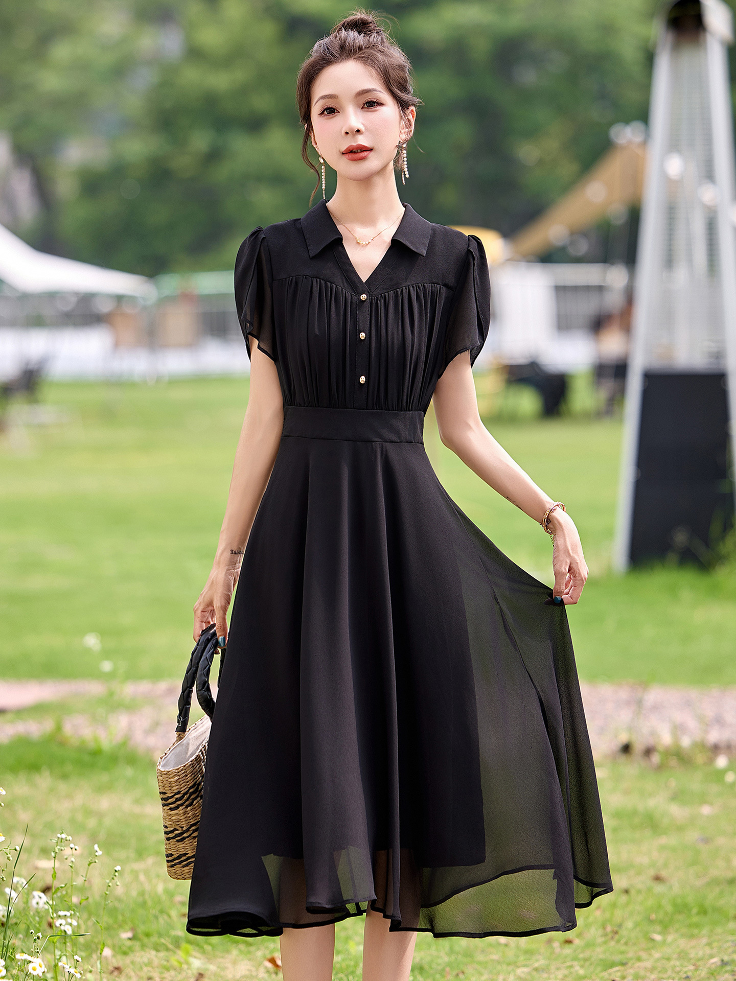 Đầm suông midi tay ngắn eo thắt dây che bụng cho nữ size lớn — màu đen, màu sắc