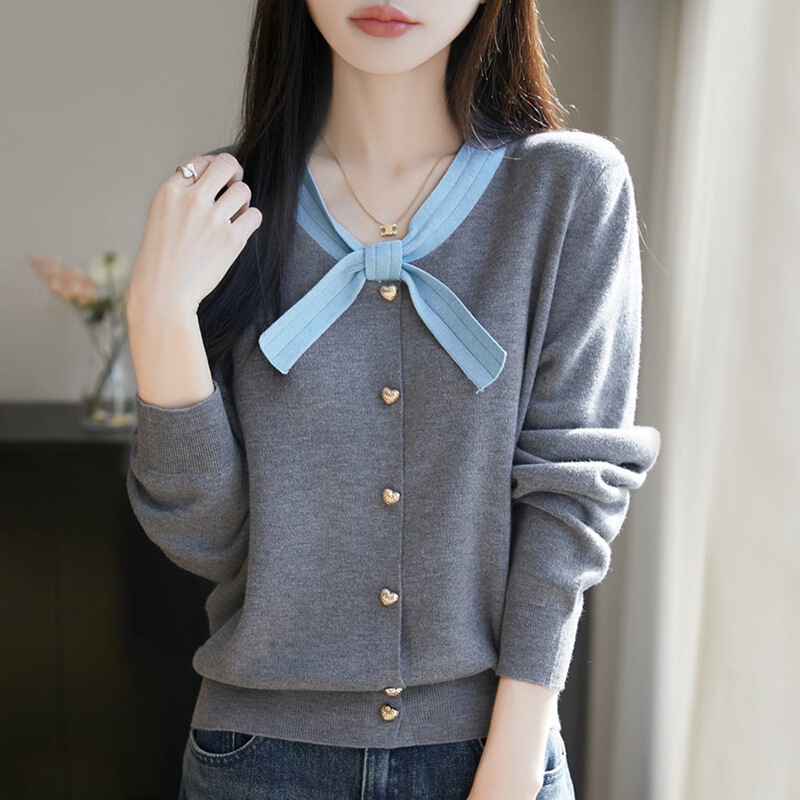 Cardigan Single-Row Multi-Button Casual Design Top 2025 Spring New Women's V Neck Bow Long Sleeves