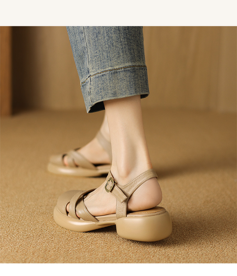 Sandal nữ quai ngang hở lưng mũi tròn đế dày da thấp — Màu trắng be chi tiết 10