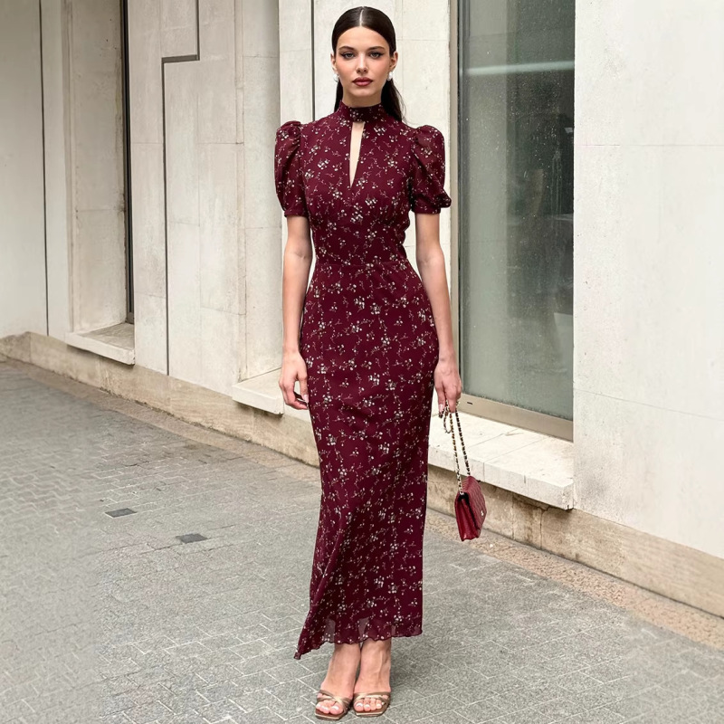 Spring and Summer New Style 2026 Cross-Border European and American Fashion Floral Dress for Women, High-End Deep V-Neck Long Dress with Elegant Temperament