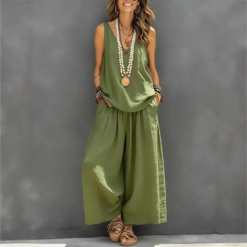 2026 European and American Cross-Border Foreign Trade Women's Clothing Independent Site Amazon Aliexpress Solid Color Vest V-Neck Sleeveless Two-Piece Set
