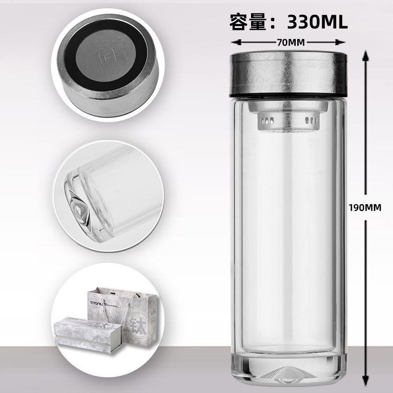 沃鑫纯钛双层玻璃杯 防烫防爆高档商务水杯 企业印制logo现货速发|undefined