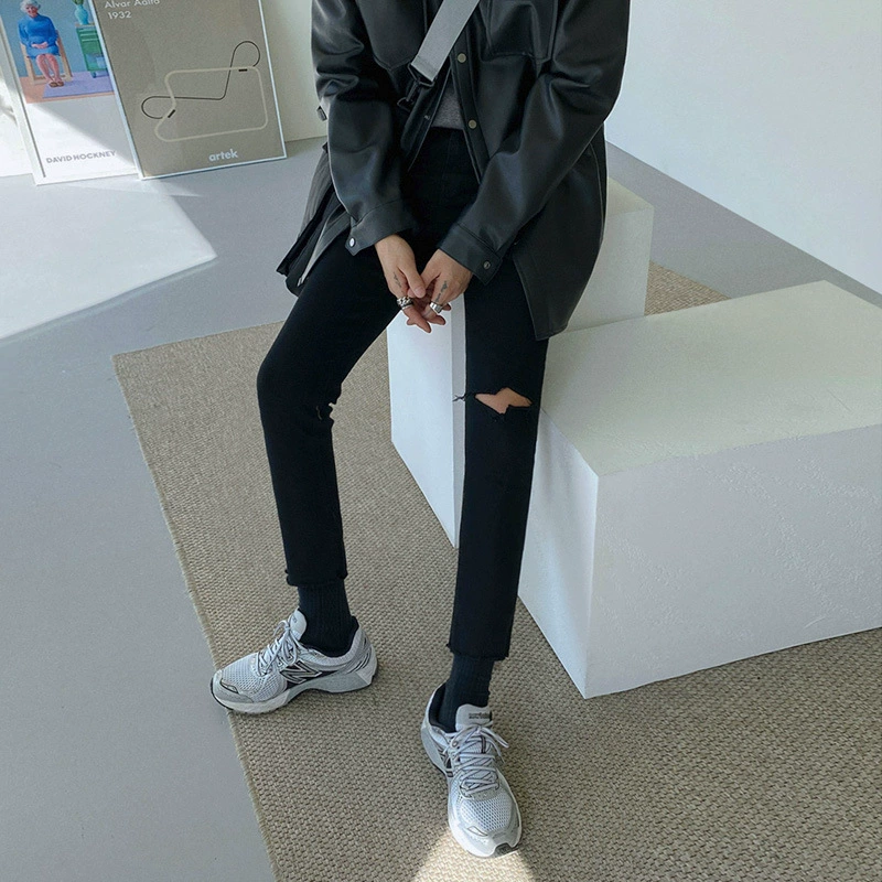 Осенние черные джинсовые рваные брюки MYQ, мужские модные облегающие укороченные длинные брюки в Корейском стиле