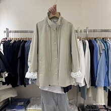 韩国东大门大码女装新款设计感蕾丝袖口拼接立领外套中长款大风衣