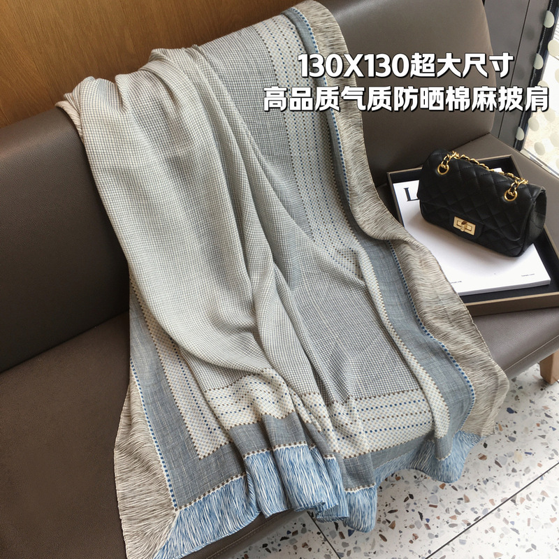 2025 新しい綿とリネンの感触スカーフ女性の夏の日焼け止め 130 大型正方形スカーフ薄いシルクスカーフエアコン付きの部屋の外のショール|undefined