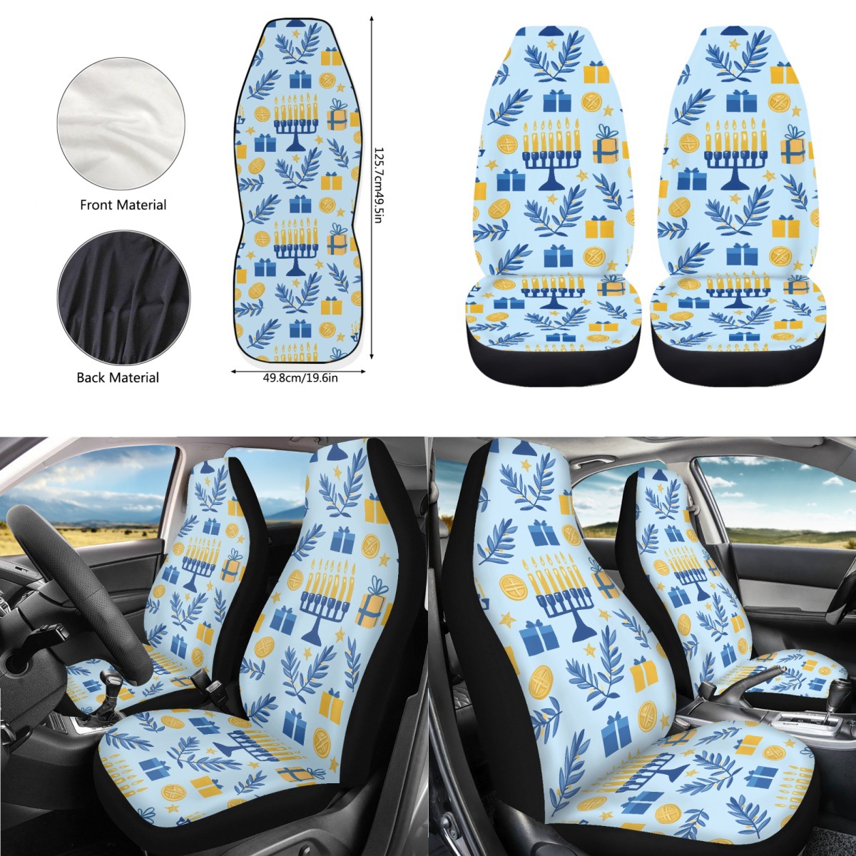 Amazon's best-selling car seat covers feature a Hanukkah candle print design and are custom-made with a non-slip backing. This set includes two pieces for the front seats