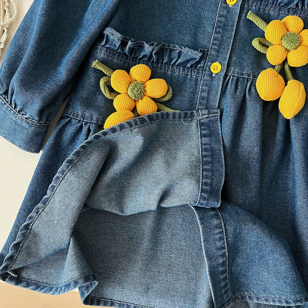 2024 autumn new Korean version girls' sunflower denim long sleeved dress, cute baby girl dress 67378_voghion.com