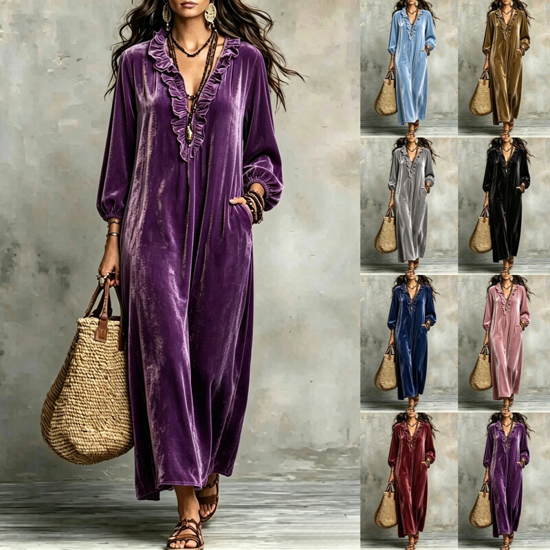 European and American independent websites, Amazon, and AliExpress: 2026 autumn/winter new collection – velvet bohemian-style long dress with lantern sleeves European and American independent websites, Amazon, and AliExpress: 2026 autumn/winter new collection – velvet bohemian-style long dress with lantern sleeves