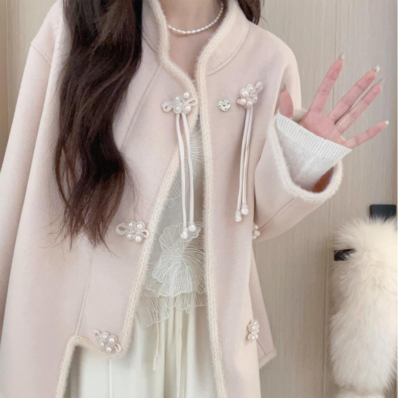 Ladies 2023 New Chinese style Stand collar frog Sense of design Pink Fur coat winter senior Woollen cloth overcoat