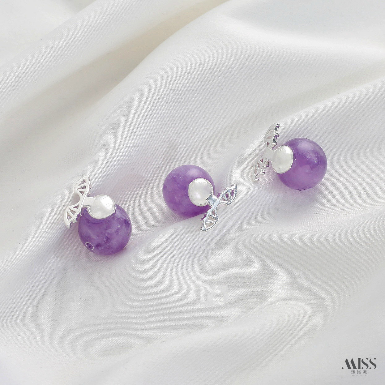 Inlaid with natural amethyst, plated with real gold and thick silver, angel and osmanthus drop-shaped decorative bead pendant DIY jewelry accessories